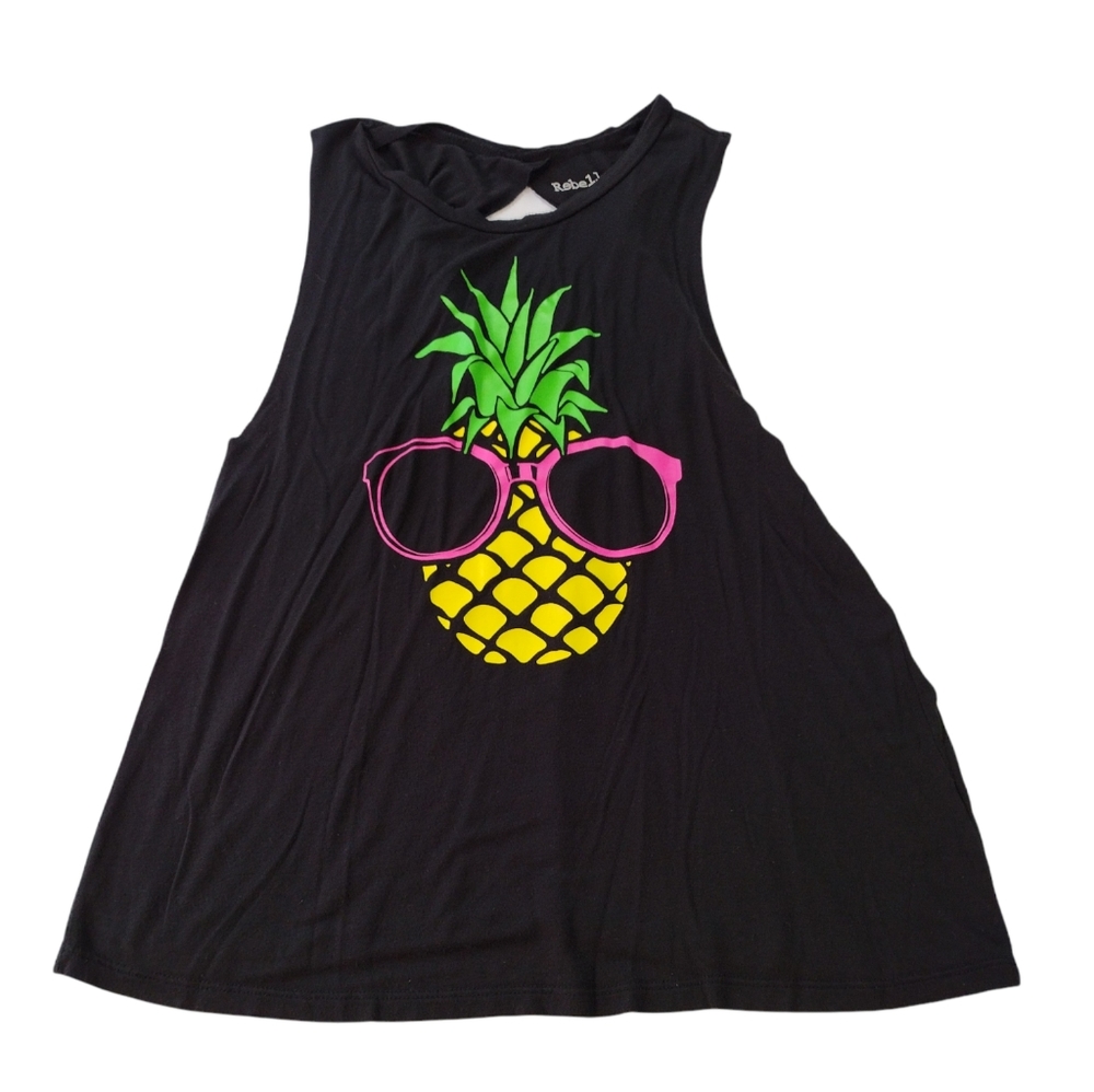 Rebellious One Pianapple Tank Top Women's Medium Black Light Cotton Used